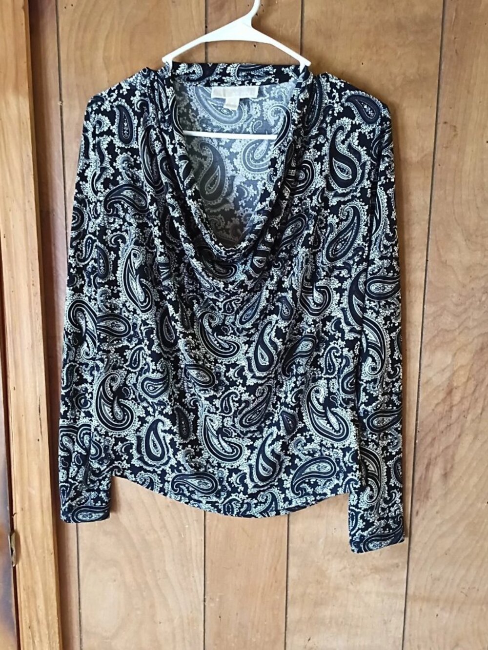 Michael Kors Women's Paisley Cowl Neck Top Size M Black White Stretch Blouse